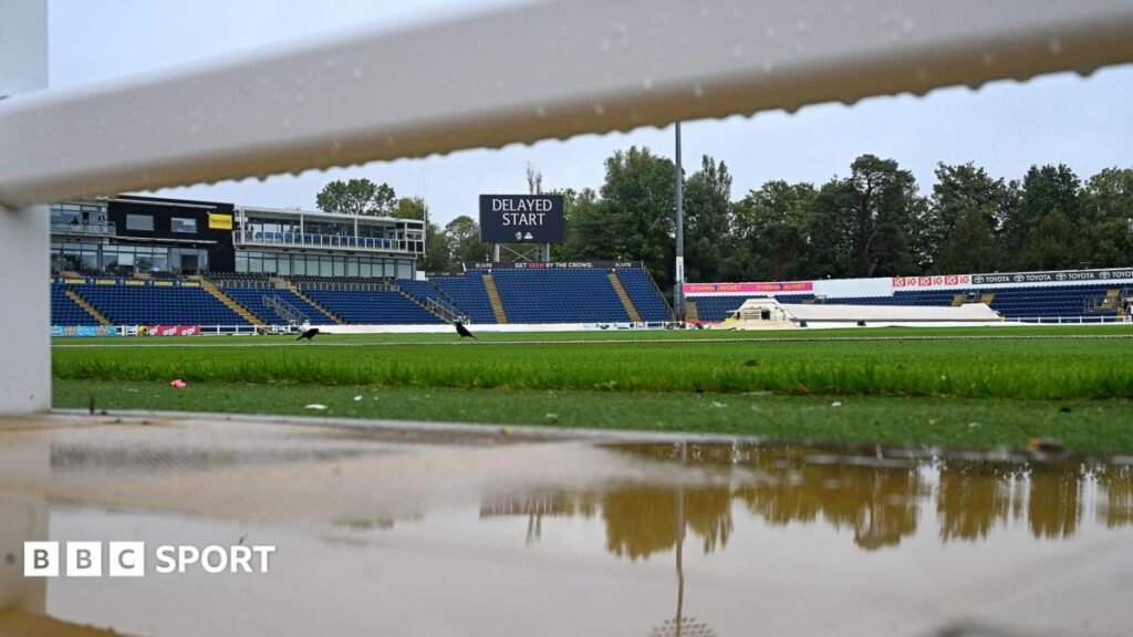 Sophia Gardens cricket ground covered in rain during the Glamorgan vs Essex County Championship match.