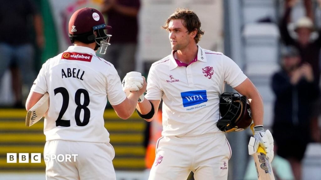 County Championship: Somerset build big lead against Surrey Tom Abell celebrating his double century for Somerset against Surrey at Taunton